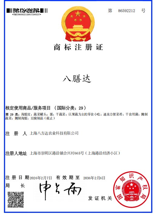 八膳达商标注册证